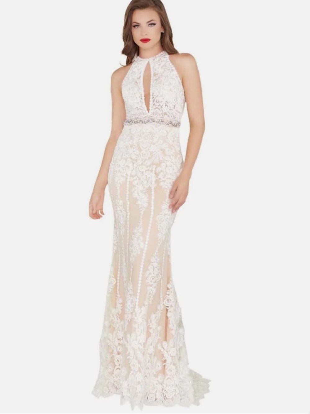 Mac Duggal 4326 Ivory Nude Halter Gown